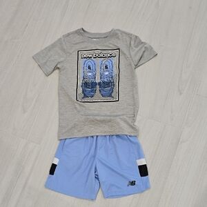New Balance Gray Tee with Blue Graphic and Light Blue Shorts Set Blys Size 7